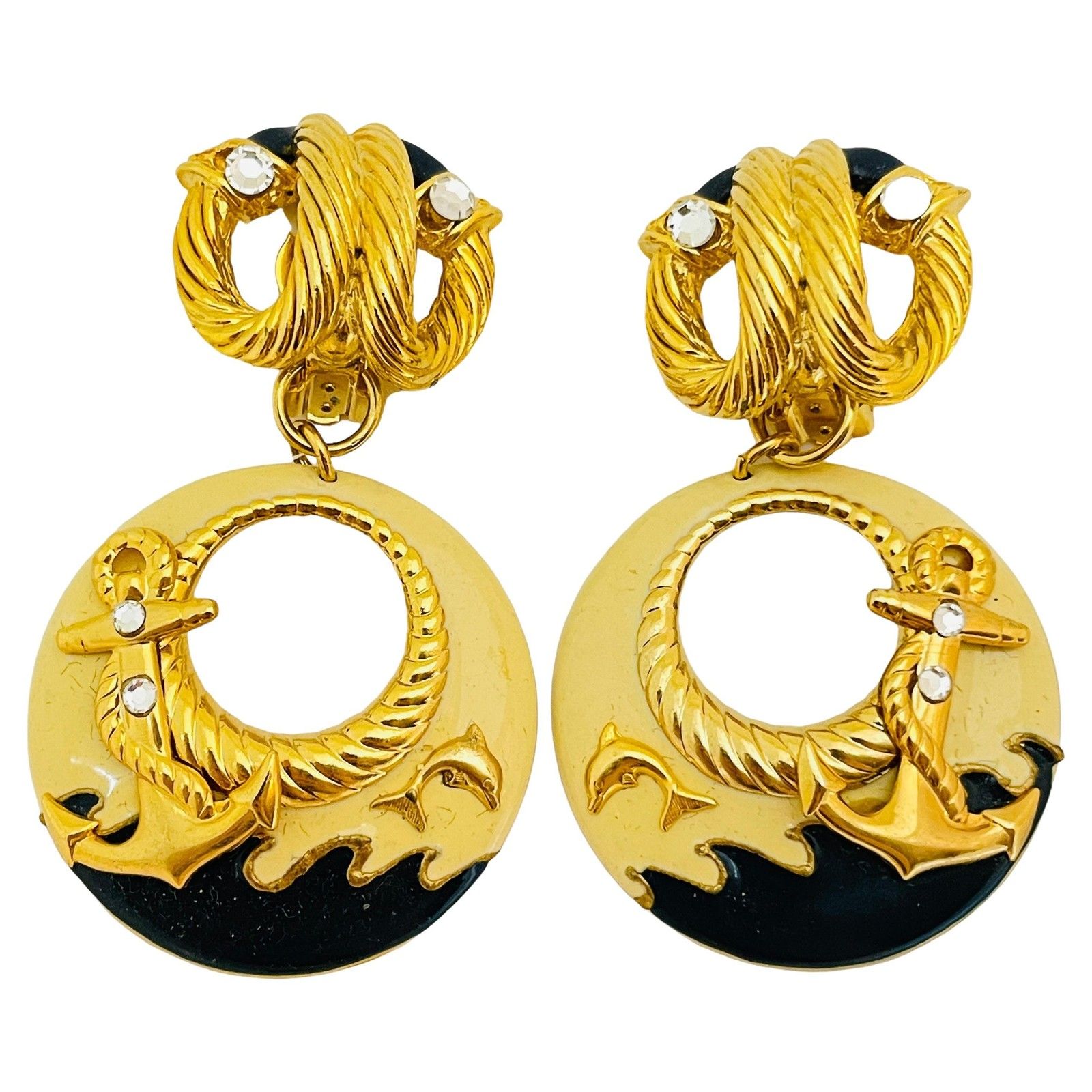 Vintage Gold Enamel Rhinestone Nautical Anchor Designer Runway Clip On Earrings